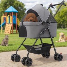 Passeggino per Cani Gatti 2in1 Cestello Rimovibile Pieghevole Traspirante Grigio