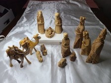 VTG 13 Primitive Hand Carved Olive Wood Nativity Jesus Mary Joseph Wisemen Camel
