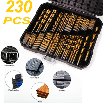 230Pcs HSS Drill Bit Set Titanium Jobber Twist Drill Kit Steel Metal 1/16''-1/2''