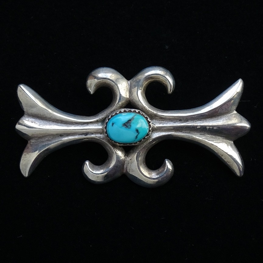Vintage Native American Navajo Sandcast Sterling Silver & Turquoise Brooch Pin