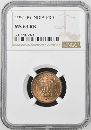 India 1 Pice 1951B NGC MS 63 RB