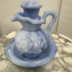 Vtg Set 1978 Avon Victoriana Milk Glass Blue Pitcher w/Stopper, Bowl & Soap Dish