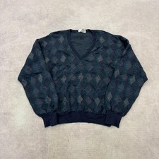 Vintage Knitted Jumper abstract patterned v-neck grandad knit sweater Men's L