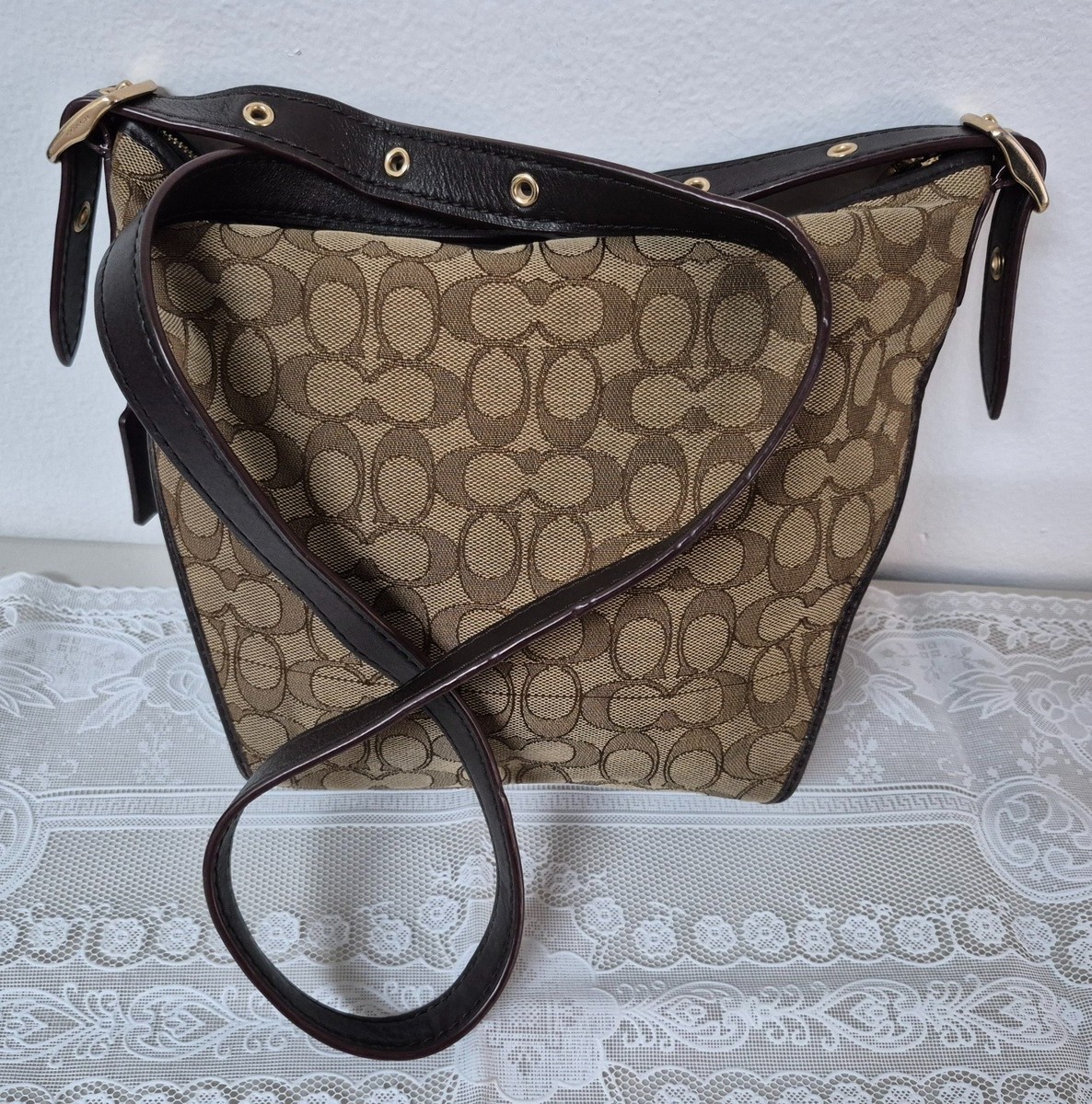 CLUBHAUS 目土バッグ　ブラウン COACH #25697 Small Dufflette in Signature Jacquard w Leather
