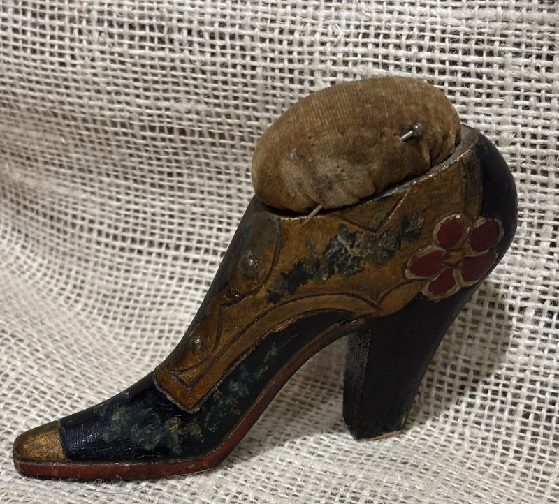 Antique Victorian Wooden Shoe Pincushion 