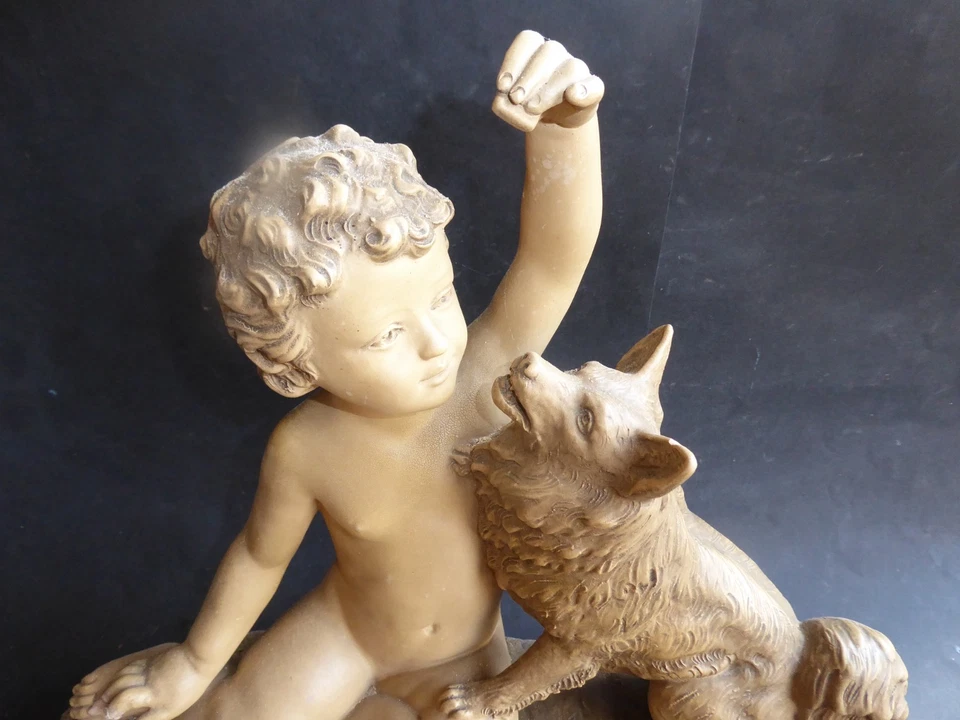 Grande Sculpture enfant avec son chien terre cuite signée B Rez Bohumil Rezl - Photo 2/4