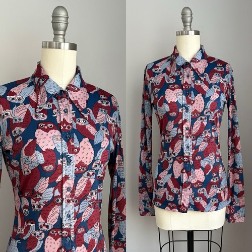 Vintage 70’s Polyester Dagger Collar Owl Print Button Down Shirt Size XS