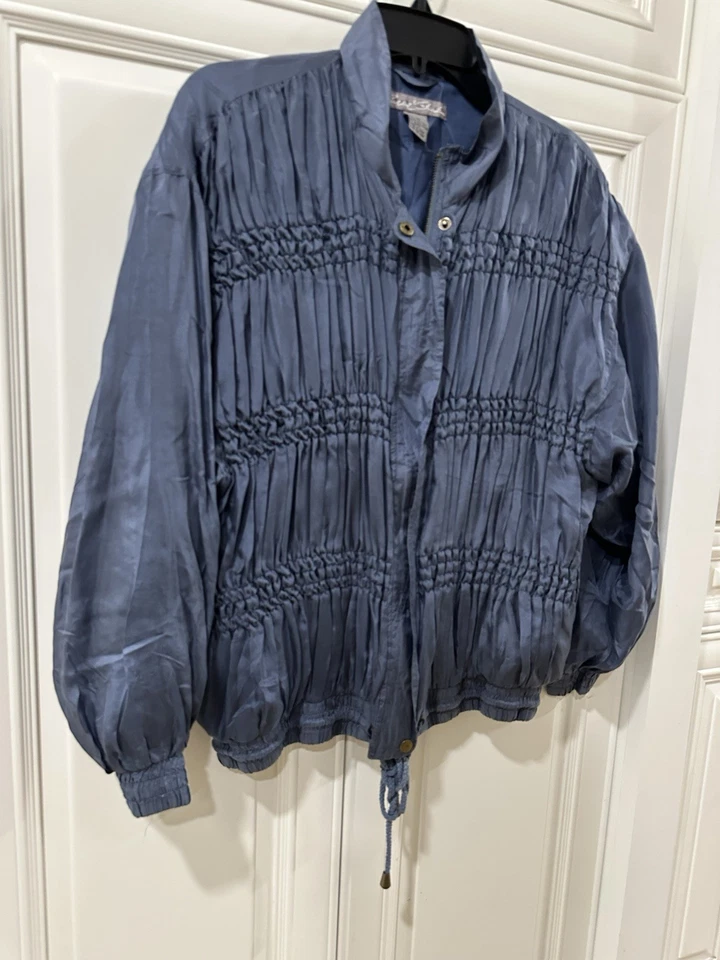 Винтажный 80-х Robert запаса шелк Bomber куртка женщин M синий полный молнии Snap спереди новый с Ярлыками - Изображение 3 из 4