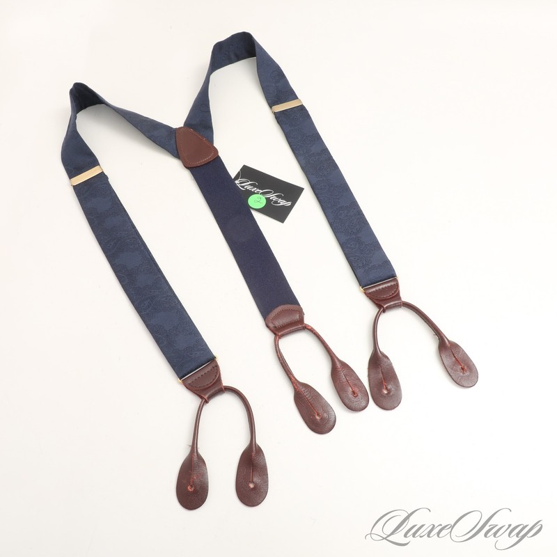 Anonymous Midnight Blue 100% Silk Satin Jacquard Paisley Braces Suspenders NR