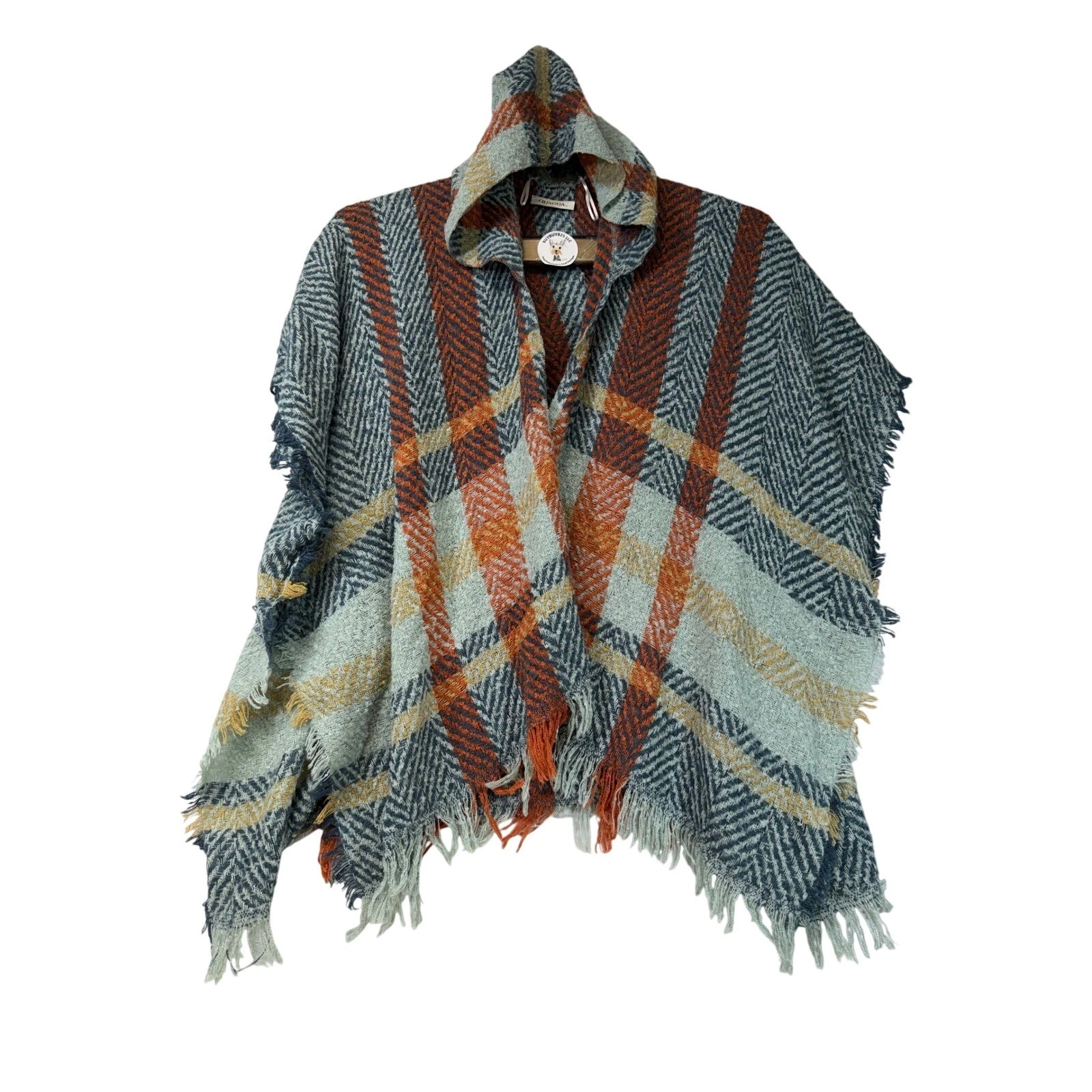 QUAGGA Hooded Poncho Ruana Cape Shawl Fringe Plaid Herringbone Women