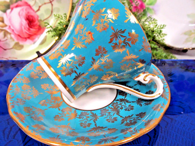 AYNSLEY tea cup & saucer TEAL BLUE  corset  gold chintz teacup 1930s gold gilt