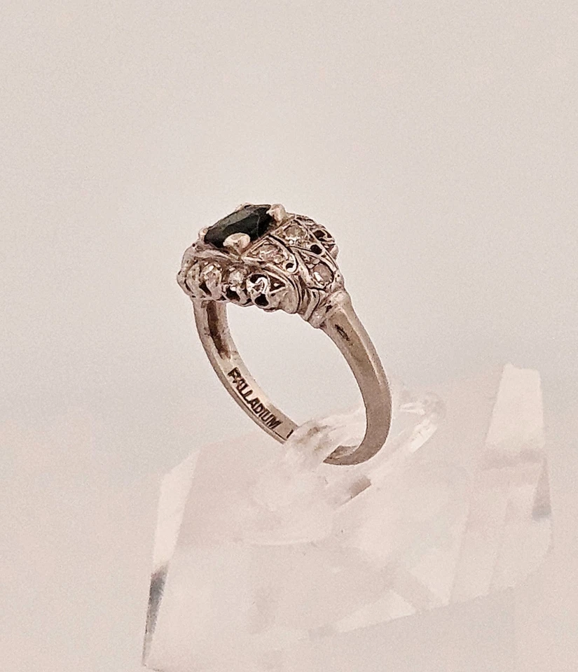 Anillo paladio art deco aprox. 0,70 quilates tw zafiro genuino y diamantes talla 4,25 Foto 4 de 4