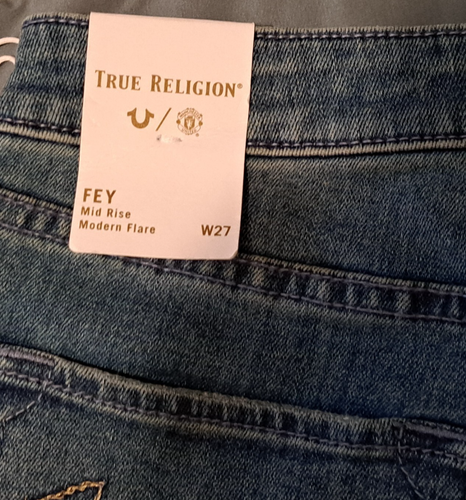 True Religion X Manchester United Fey Modern Flare Jeans Sz 27 Gold Accents NWT - Picture 8 of 21
