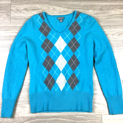 Vintage Apt 9 Women's Size L Blue Argyle 100% Cashmere Sweater