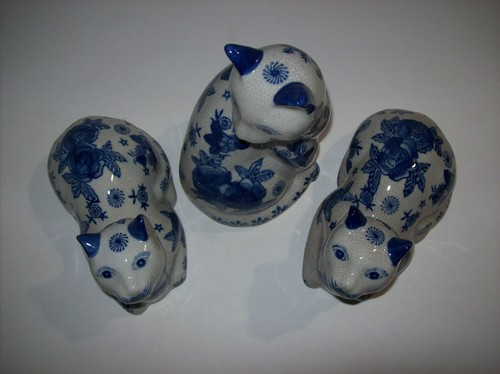 Set di (3) statuine gatto vintage in ceramica blu Delft, OTTIME CONDIZIONI! - Foto 16 di 19
