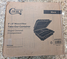 Choice 8" x 8" Microwaveable 3-Compartment Black Plastic Hinged Container 450ct