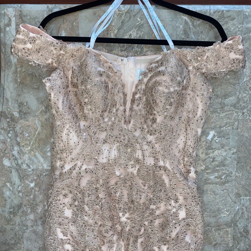 Camille La Vie Baby Pink Off Shoulder Beaded Gown (Size 8)