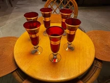 Set of 6 Interglass Italy Red Crystal Champagne Glasses, 24KT Gold Accent Trim