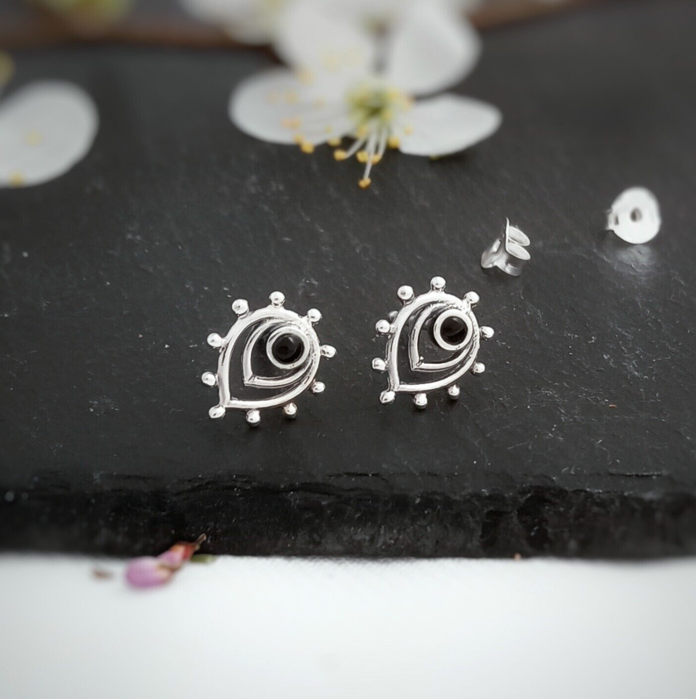 Dainty teardrop studs with Black Onyx in sterling silver, Small Boho stack studs
