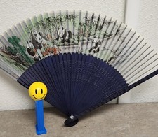 Vintage Folding Fan Panda Bears Asian Decor Black Wood Silk