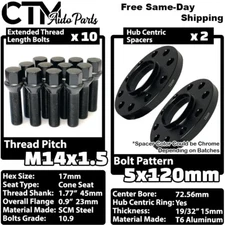 2x 15mm Thick 5x120 72.56mm C.B Wheel Spacer Black Bolt 14x1.5 BMW X3 X5 & More