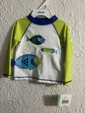 NWT-Little Me- Long Sleeve Green Blue Rash Guard, Swim Shirt w/Fish 18 Mos