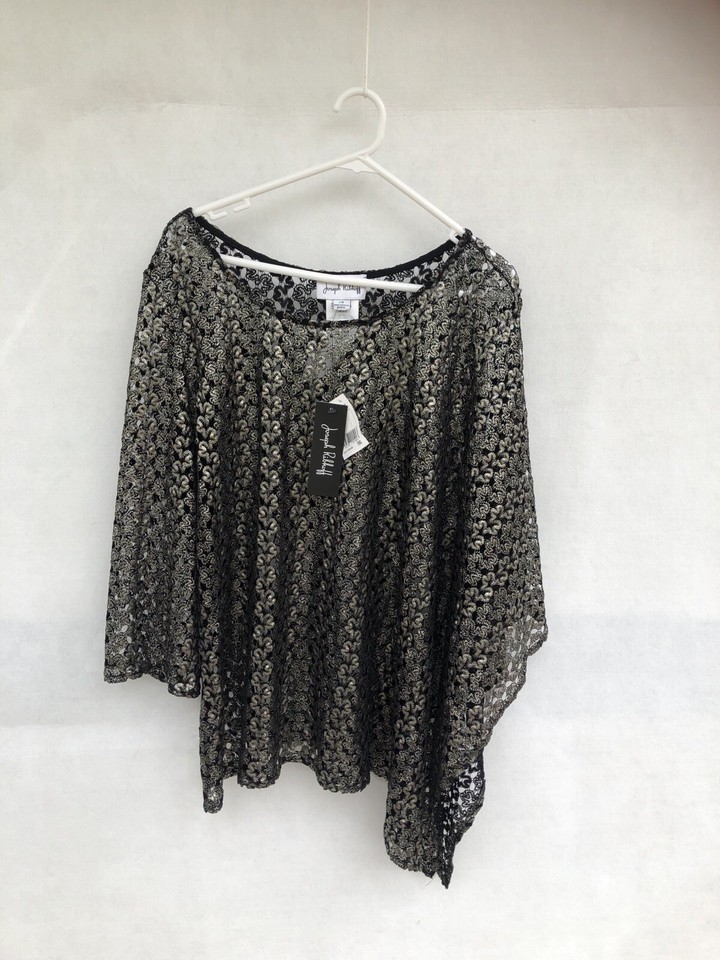 💥 JOSEPH RIBKOFF silver NLACK Lace Floral Poncho Blouse Shirt Tee Kaftan 14 L