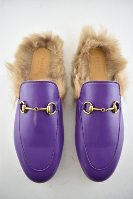 Gucci Princetown Purple Leather Beige Nude Fur Loafer Slide Mule