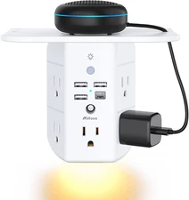 Mifaso Wall Outlet Extender with Shelf and Night Light,Surge Protector, Charger 