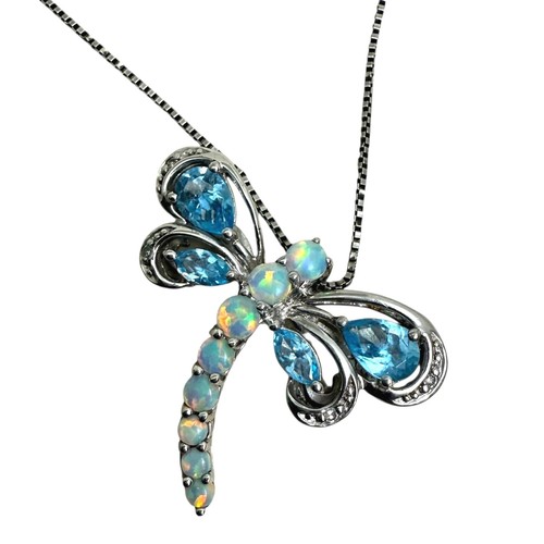 925 Sterling Silver Dragonfly Natural Blue Topaz Opal Pendant Necklace 10 in L - Picture 4 of 6
