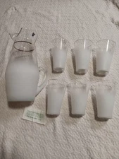 Mid Century White Blendo Glass Pitcher With 6 Glasses West Virginia Glass New