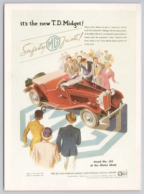 Vintage 1950s print advertisement for the MG TD Midget sports car, price of £445