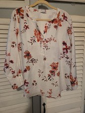 J. Jill Women’s Floral Boho Blouse Ivory Pink Flowy Split Neck Top VGUC SZ M Pet