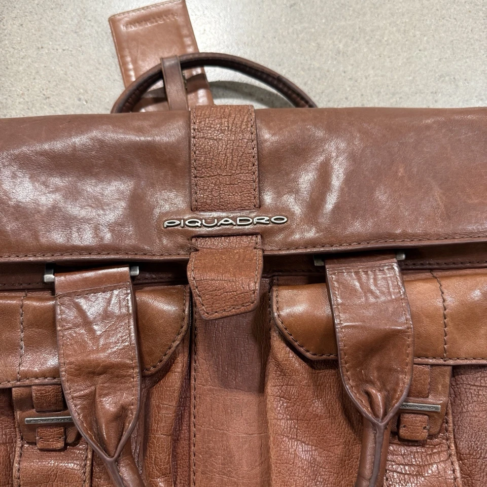 Piquadro Hombre Cuero Bolso Mensajero Maletín Forrado Cuero Marrón Cartera Foto 2 de 4