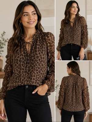 CeCe Leopard Print Ruffle Sleeve Blouse Women s Size M Brown Animal Print