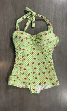 Unique Vintage Red Green Ladybug Heart Gingham Corinne HalterSwimsuit L NWOT 