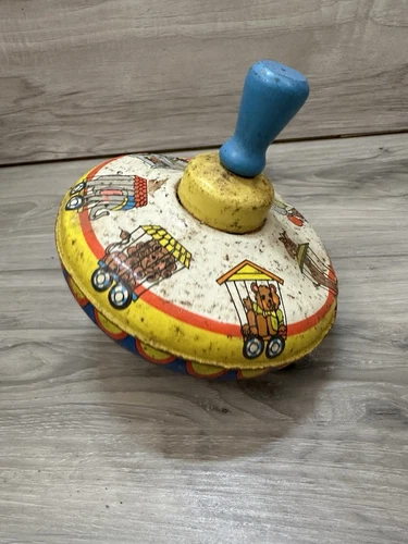 Vintage Tin Spinning Toy Top Ohio Art Toys Wood Handle Collectible USA Read Desc
