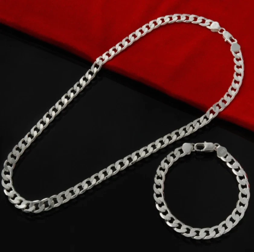 925 Sterling Silver 10MM necklace bracelet Solid Chain Jewelry for men 20"8" - Picture 1 of 3
