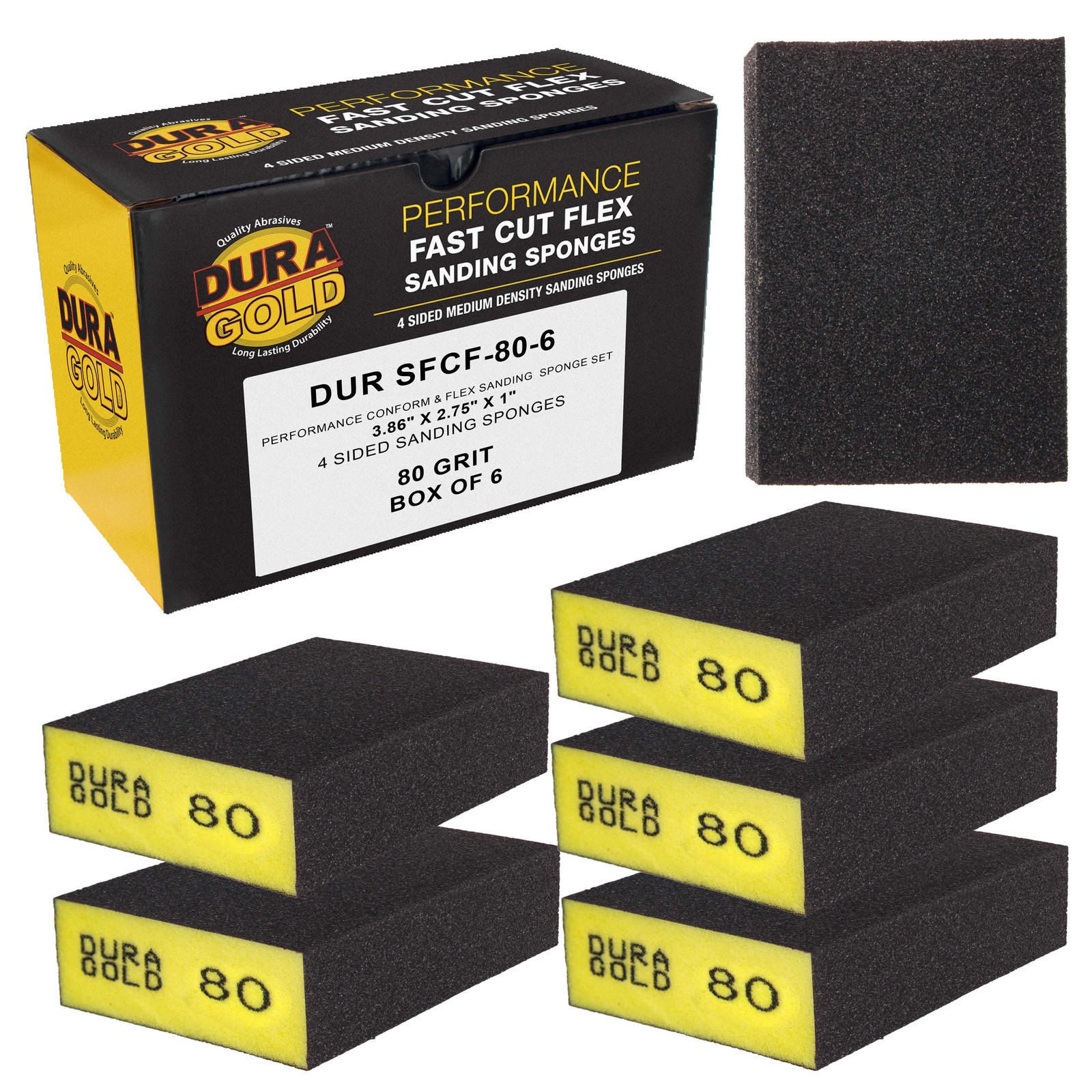 80 Grit 4-Sided Hand Sanding Block Sponges, 6/Box - 3.9" x 2.75" x 1" Wet or Dry
