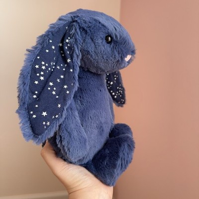 Jellycat BASHFUL STARDUST BUNNY MEDIUM Plush Navy Blue Stars Silky
