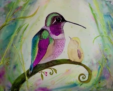 Hummingbird And Baby Original Watercolor 16 X 20