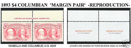 1893 #244 $4 COLUMBIAN MARGIN PAIR REPRODUCTION - Picture 1 of 1