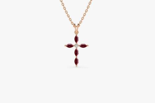 1ct Lab-Created Ruby Pendant with Chain Marquise Holy Cross Rose Gold Plated