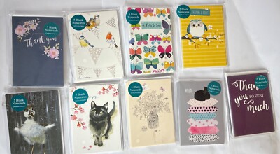 5er Pack leere Mini Notizkarten 8 Motive schwarze Katze Vögel Eule Blumen Danke