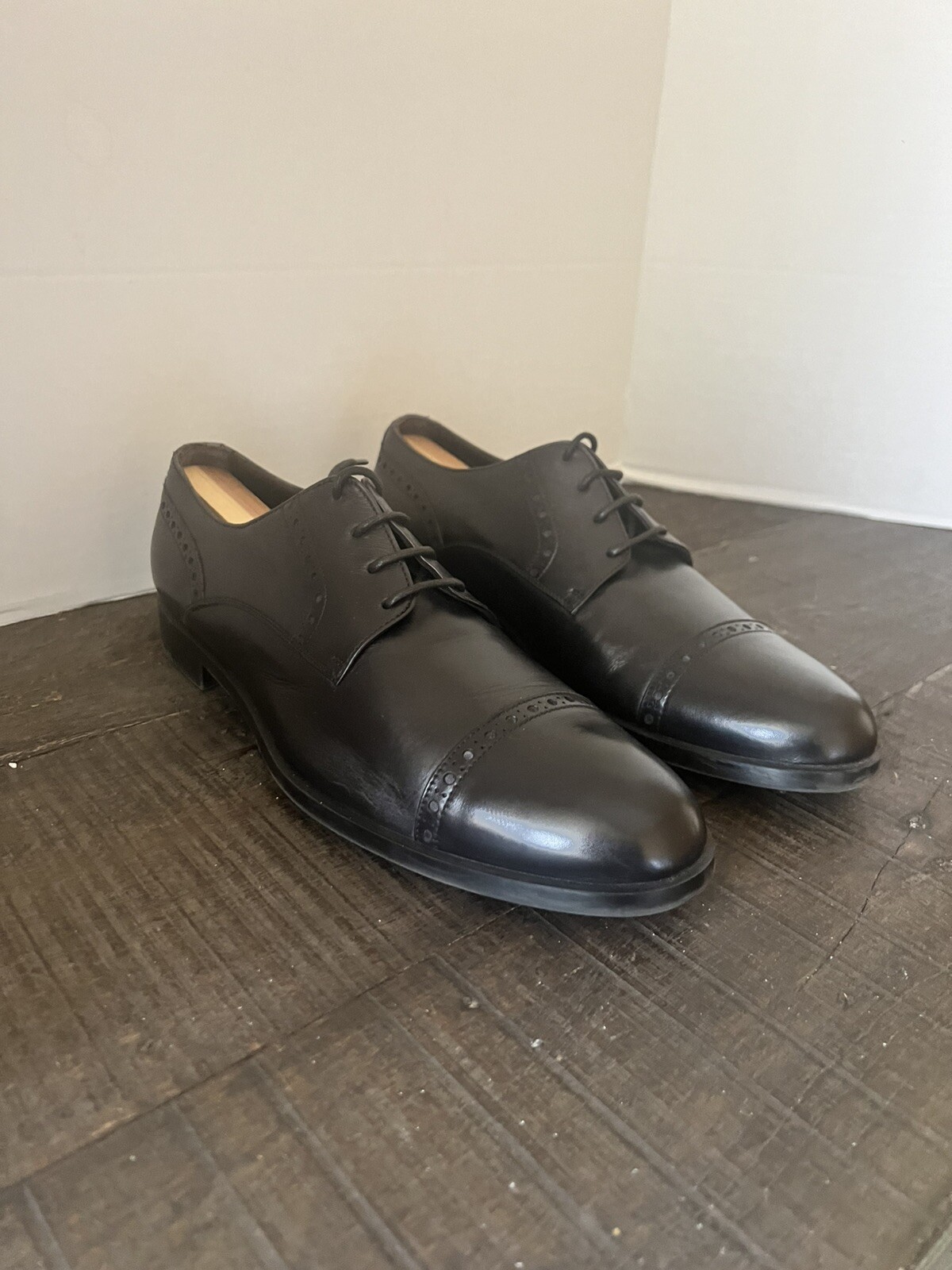 Ermenegildo Zegna Black Leather 4-Eye Lace Up Cap Toe Oxfords Men’s Size 9.5