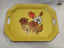 Vintage 70s Hand Painted Toleware Metal Serving Tray 17.5" X 13.5" Floral Design