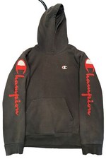 Vint Champion Youth Hoodie Sweatshirt Sz XLarge Black Pullover Kids Rib Logo Arm