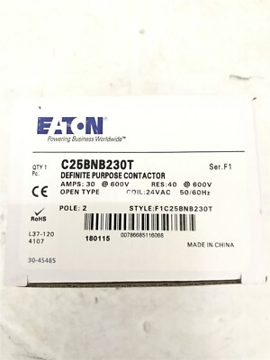 Eaton C25Bnb230T Definite Purpose Contactor 30Amp Res40 Open Type 2 Pole