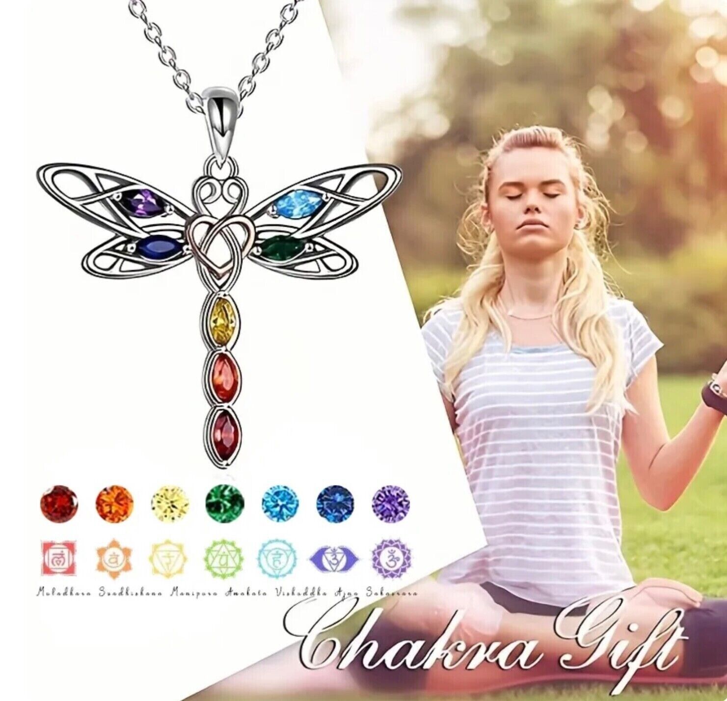 Chakra Rainbow Crystal Dragonfly Pendant Chain Necklace Gift