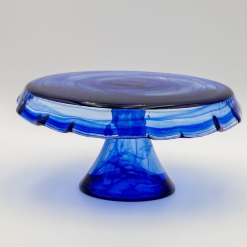 Support de piédestal à gâteau inspiré de Bormioli tourbillonnant bleu cobalt bord à volants 8,25 pouces x 4,5 pouces - Photo 1 sur 7